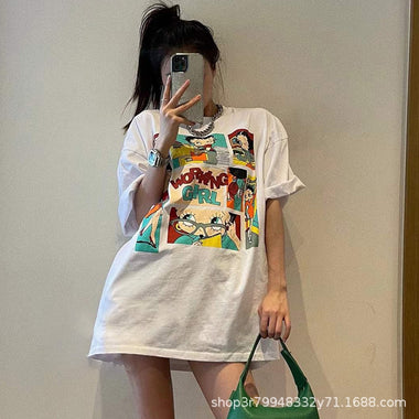 Short Sleeve T-shirt for Women 2023 New Summer Design Sense Cartoon Print Loose Sweet Cool Hot Girl Shoulder Half Sleeve Top