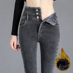 Women Winter Thicken Velvet Lined Skinny Denim Pants Streetwear Casual Pencil Jeans High Waist Warm Button Fly Stretch Vaqueros