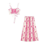 TRAFZA Women New Fashion Summer Suits Pink Sleeveless Backless Crop Top+Printed Drawstring A-Line Skirt Female Bohemian Sets