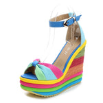 2022 Summer Wedges Sandals Elegant INS Hot Sale Rainbow Colorful Party Platform Extreme High Heels Shoes Woman Plus Size 43