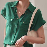 2022 Summer Blouses Shirts Women Short Sleeve Tops Solid Lapel Pockets White Shirts Office Lady Korean Female Clothing Blusas