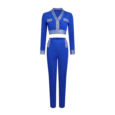 Wome Elegant Two Pieces Sets Bodycon Clothing Sexy Buttons Tops Long Pants 2 Piece Sets