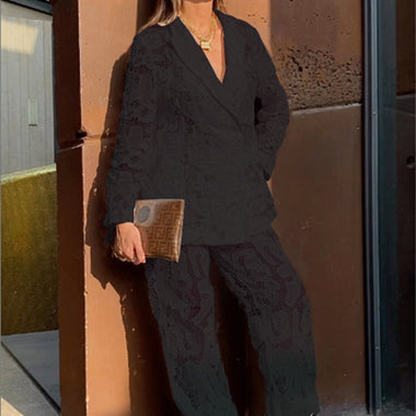 INS Fashion Lace Crochet Blazer Suit for Women Two 2 Piece Set Outfits Autumn Clothing Blazer Top and Pants Suit CHIC Woman Sets