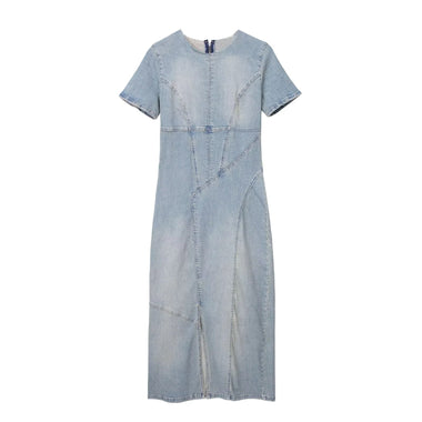 TRAFZA 2023 Summer Zip Slit Jean Short Sleeve  Long Dresses Women Streetwear Female Dress Woman Denim Dress
