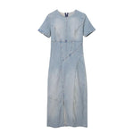 TRAFZA 2023 Summer Zip Slit Jean Short Sleeve  Long Dresses Women Streetwear Female Dress Woman Denim Dress