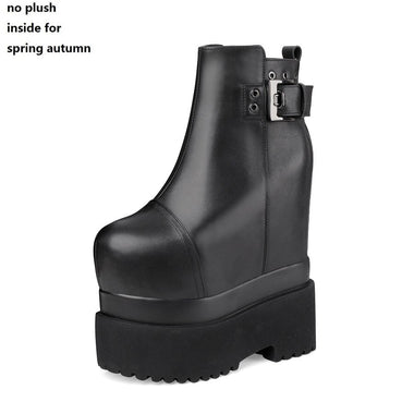 Spring Autumn Sexy 18CM Super High Heels Platform Sewing Rivet Belt Buckle Genuine Leather Women Ankle Boots Winter Plush 2306