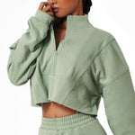 NCLAGEN Long Sleeve Sports Sweater Women Loose Fashion Stand Collar Zipper Crop Top Gym Training Casual Outdoor Running Blouse
