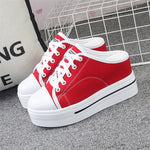 Elegant Black White Canvas Platform Wedge Slippers Women Mules Shoes Leisure Stealth Increase Slippers Woman Closed Toe Sandals