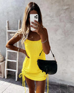 Summer Sleeveless Sling Mini Short Dress Women Casual Fashion Backless Drawstring Low Collar Solid Sexy Spring 2023 New Dresses