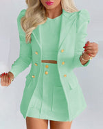 Women's Spring Long Sleeve Solid Color Jacket with Mini Skirt Two-piece Suit Tailleur Femme Blazer and Set Dress Free Shipping