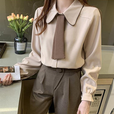 Zoki Japan Sweet Tie Casual Shirt Women Fashion Preppy Style Long Sleeve Blouse Korean All Match Female Solid Color Chic Tops
