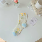 Woman Socks Fashion Summer Thin Mesh Breathable Crew Socks Harajuku Lace Floral Japan Style Kawaii Cute Princess Socks 2023 New