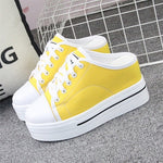 Elegant Black White Canvas Platform Wedge Slippers Women Mules Shoes Leisure Stealth Increase Slippers Woman Closed Toe Sandals