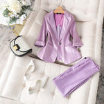Women Satin Silk Blazers 2023 Autumn Solid Color Notched Collar Single Button Blazer Ladies OL Elegant Slim Glossy Suit Set