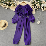 TWOTWINSTYLE Casual Jumpsuit For Women V Neck Long Sleeve High Waist Loose Solid Ruffle Trim Jumpsuits Female Fashion Clothing