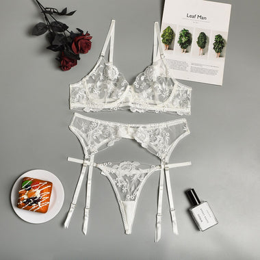 Bra and Panty Set Women Underwear Lace Lingerie 3pcs Open Cup See Through Thong Floral Embroidery Underwear Transparent Bra Set