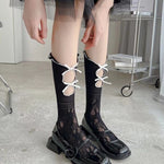 Jk Tie Lace Fishnet Stockings for Women Lolita Middle Tube Socks Sexy Straps Bandage Ribbon Japanese Over Knee Long Socks Party
