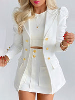 Women's Spring Long Sleeve Solid Color Jacket with Mini Skirt Two-piece Suit Tailleur Femme Blazer and Set Dress Free Shipping