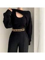 Sweaters Korea 2023 Early Autumn Temperament O-Neck Slim Knit Vest Casual Wearing Short Sweater Blouse Two-piece Set Woman