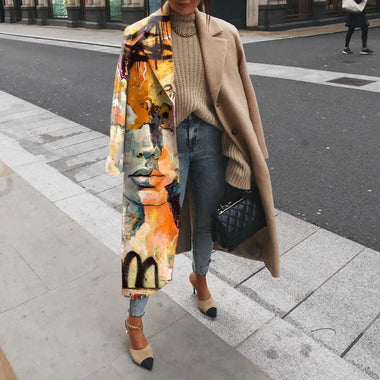 2023 Casual Lapel Long Sleeve Blend Wool Coats Fashion Portrait Print Women Long Overcoat Winter Elegant Lady Cardigan Outerwear