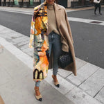 2023 Casual Lapel Long Sleeve Blend Wool Coats Fashion Portrait Print Women Long Overcoat Winter Elegant Lady Cardigan Outerwear