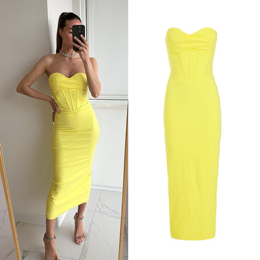 Women Summer Bodycon Party Dress Yellow Long Maxi Dress Sexy Strapless Elegant Dress for Celebrity Evening Dropshipping