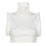 Weird Puss Feather Spliced Women Crop Tops Sleeveless Turtleneck Sexy Basic Vest Summer Hipsters High Street Y2K Rave Partywear