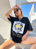INTENSE FEELINGS Street Hip Hop Female T-Shirts Loose Oversize Short Sleeve 100% Cotton Soft Tops Summer Breathable Tee Clothing