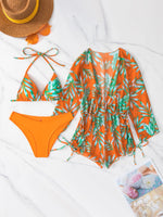 3 Pieces Bikini Tropical Print Swimsuit Halter Drawstring Side Swimwear Women 2023 Bathing Suit Female Swimming Summer Beachwear