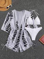 3 Pieces Bikini Tropical Print Swimsuit Halter Drawstring Side Swimwear Women 2023 Bathing Suit Female Swimming Summer Beachwear