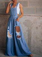 Summer Overalls For Women Blue Denim One-Piece Jumpsuits Loose Wide-Leg  With Pocket High-Waist Jumpsuits