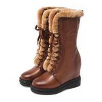 Winter New Outside Fashion Slim Height Increasing Platform Plush Inside Cross-tied Genuine Leather Women Mid-Calf Snow Boots