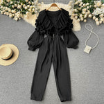 TWOTWINSTYLE Casual Jumpsuit For Women V Neck Long Sleeve High Waist Loose Solid Ruffle Trim Jumpsuits Female Fashion Clothing