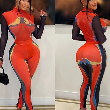 Kliou Patchwork Panelled Two Piece Set Women Hipster See Through Turtleneck Bodysuits+High Waist Skinny Pants Female Streetwear