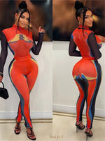 Kliou Patchwork Panelled Two Piece Set Women Hipster See Through Turtleneck Bodysuits+High Waist Skinny Pants Female Streetwear