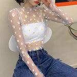 Female Leisure Women Mesh Top Long Sleeve See Through Lace T-shirts Sexy Transparent Fishnet Tops Clubwear Tee Shirts