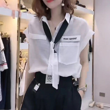 Office Lady Turn-down Collar Summer Shirt Stylish Pockets Patchwork Female Clothing Elegant Drawstring Solid Color Loose Blouse