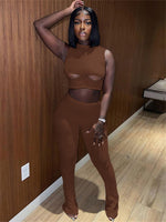 Kliou Casual Hollow Out Two Piece Set Women Concise Sleeveless O-neck Cropped Tanks + High Waist Skinny Pants Female Streetwear