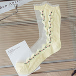 Ultra-thin Transparent Crystal Silk Socks Women Fashion Summer Harajuku Crew Socks Retro Flower Streetwear Elastic Long Socks