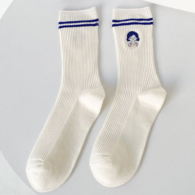 Spring Autumn Cotton Funny Harajuku Striped Women High Long Socks Kawaii Cute Japanese Sports Girls White Blue Cartoon Stockings