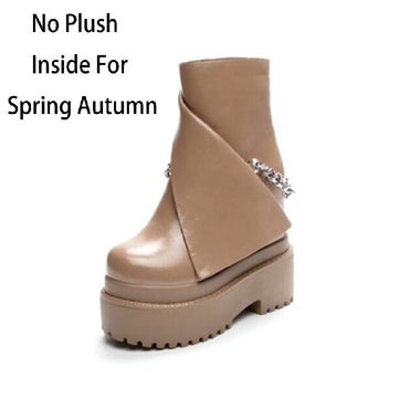 Spring Autumn Winter New Slim Height Increasing Platform Metal Chain Genuine Leather Women High-top Short Modern Trouser Boots