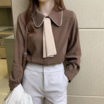 Zoki Japan Sweet Tie Casual Shirt Women Fashion Preppy Style Long Sleeve Blouse Korean All Match Female Solid Color Chic Tops
