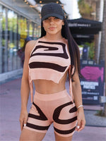 FQLWL Summer Apricot Bodycon Pink Stripe 2 Two Piece Sets Casual Vacation Outfits For Women 2023 Green Sexy Booty Shorts Set