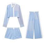 TRAFZA Lazy Wind Fashion Vintage Patchwork Blue Long-Sleeved Striped Shirt Wide Leg Pants Shorts Female