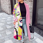 2023 Casual Lapel Long Sleeve Blend Wool Coats Fashion Portrait Print Women Long Overcoat Winter Elegant Lady Cardigan Outerwear