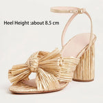 Summer Gold Heels Cross Strappy Lace Up Sandals For Women Elegant Fashion Med Block Metalic Velvet Wedding Dress Shoes Open Toe