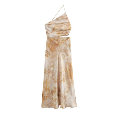 TRAFZA Women Summer New Casual Fold Tie-dye Sexy Dress Sleeveless Diagonal Collar Printed Backless Holiday Long Dresses Vestidos