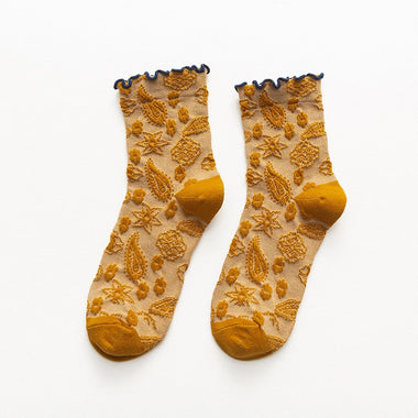 Korean Fashion Woman Socks Harajuku Retro Vintage Ethnic Floral Print Ruffle Socks for Women Japanese Kawaii Cute Christmas Sock