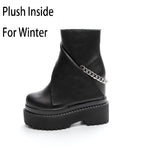 Spring Autumn Winter New Slim Height Increasing Platform Metal Chain Genuine Leather Women High-top Short Modern Trouser Boots