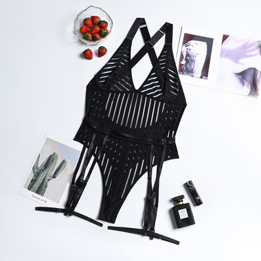 Yimunancy Deep V Neck Lace Bodysuit Women Mesh Bodysuit One Piece Black Sexy Babydoll Teddies Bodysuit Body Femme
